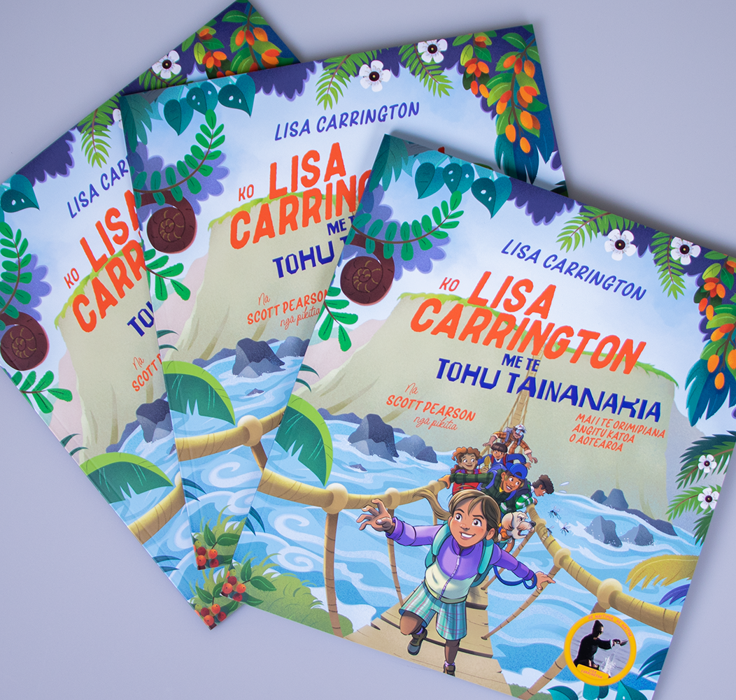Three children's picture books fanned out on a light lavender background. The books feature colorful tropical illustrations with the title 'Lisa Carrington' and subtitle 'Tohu Tanamania' in bold orange-red lettering.