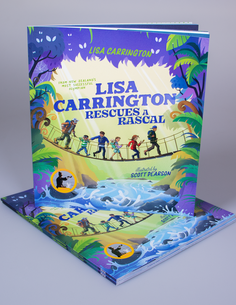 A children's book titled "Lisa Carrington Rescues a Rascal" by Lisa Carrington and Scott Pearson, shown standing upright with a second copy lying flat underneath on a light gray studio background.